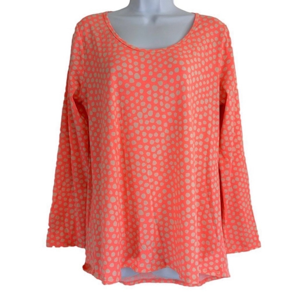LuLaRoe Lynnae Neon Orange Cream Polka Dot Scoop Neck High Low Long Sleeve Top - Picture 3 of 12